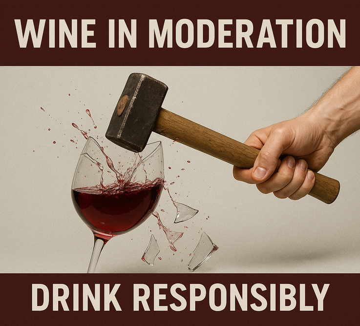 Weinglas mit Rotwein wird mit Hammer zerschlagen